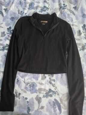 Black Cropped Half-Zip Long Sleeve Top